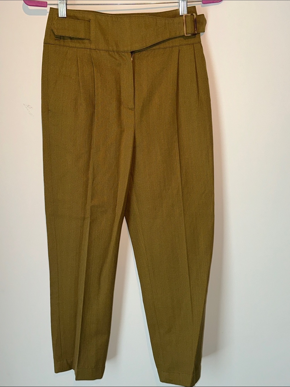Sezane Olive Green High-Waist Tapered Trousers with Side Buckle